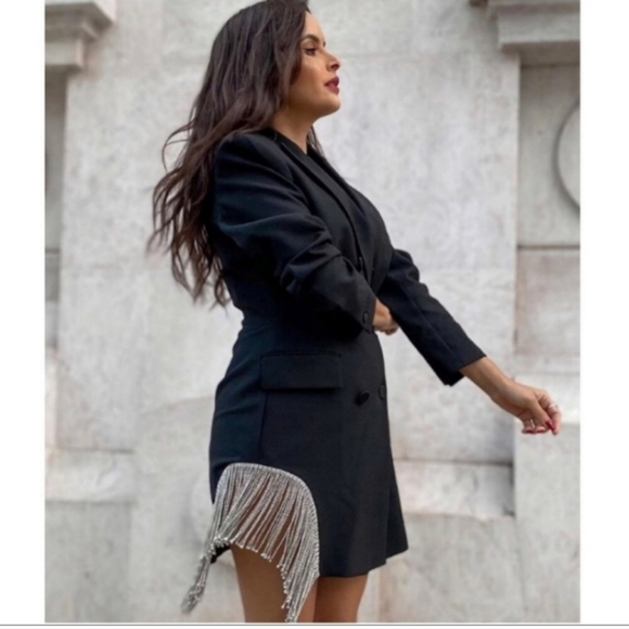 Zara Blazer Dress Limited Jewel Rhinestone Trim Fringe Black - Picture 4 of 9